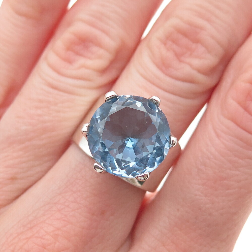 925 Sterling Silver Vintage Mexico Round-Cut Blue C Z Modernist Ring Size 7